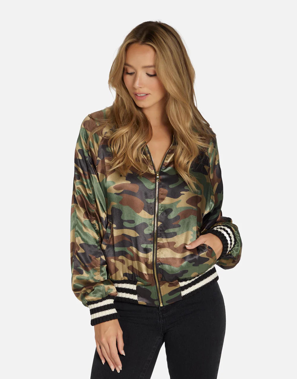 Brayden Camo Jacket by Michael Lauren | Made in LA 100% Rayon Dry Clean Recommended ML Signature Soft Satin Fabric Elastic Waistband  | Coretrade located in Boca Raton, FL