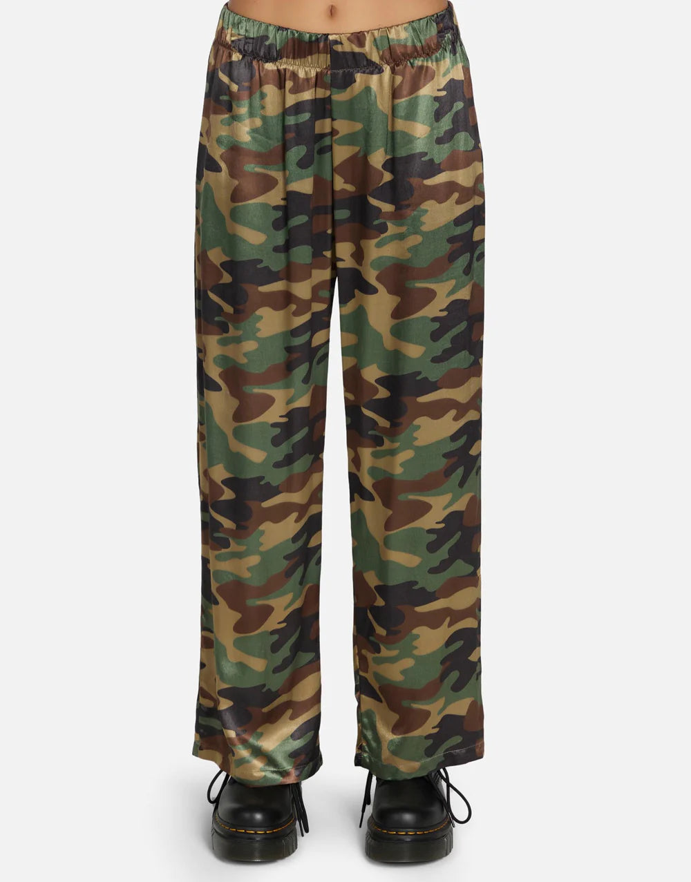 Mabel Camo Pant by Michael Lauren | Made in LA 100% Rayon Dry Clean Recommended ML Signature Soft Satin Fabric Elasticized Waistband Wide Leg Styling Side Pocket Detail | Coretrade located in Boca Raton, FL