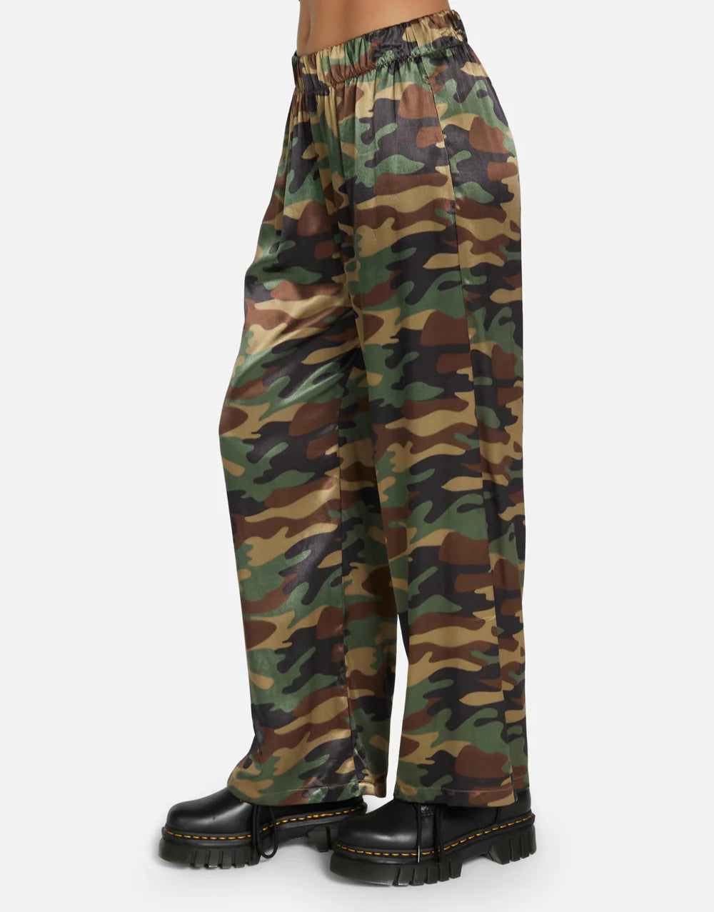 Mabel Camo Pant by Michael Lauren | Made in LA 100% Rayon Dry Clean Recommended ML Signature Soft Satin Fabric Elasticized Waistband Wide Leg Styling Side Pocket Detail | Coretrade in Boca Raton, FL