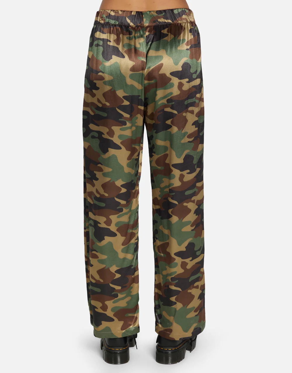 Mabel Camo Pant by Michael Lauren | Made in LA 100% Rayon Dry Clean Recommended ML Signature Soft Satin Fabric Elasticized Waistband Wide Leg Styling Side Pocket Detail | Coretrade located in  FL
