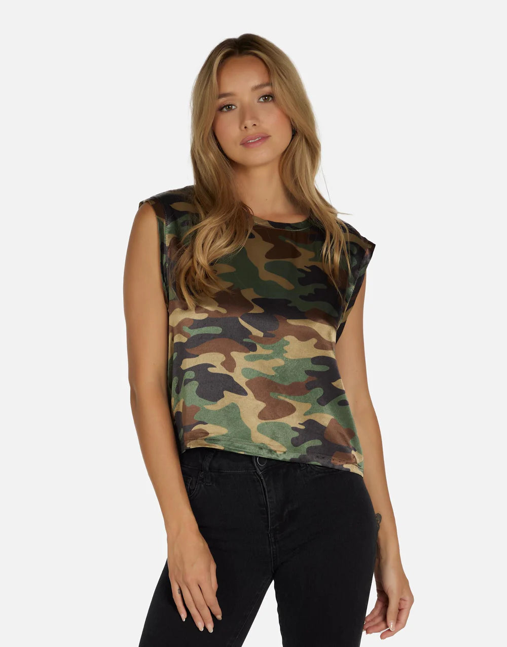 Armitage Camo Top by Michael Lauren | Made in LA 100% Rayon Dry Clean Recommended ML Signature Soft Satin Fabric Oversized Silhouette Cropped Length | Coretrade located in Boca Raton, FL