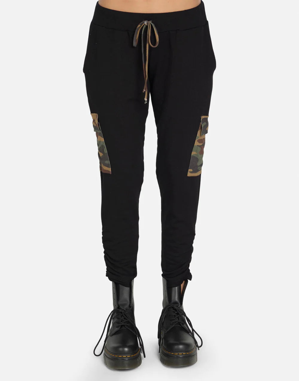 Archibald Camo Pant by Michael Lauren | Made in LA 98% Rayon 2% Spandex ML Signature Soft Knit Fabric Elasticized Waistband Ruched Hem Detail Cargo Flap Pockets Cropped Length | Coretrade located in Boca Raton, FL