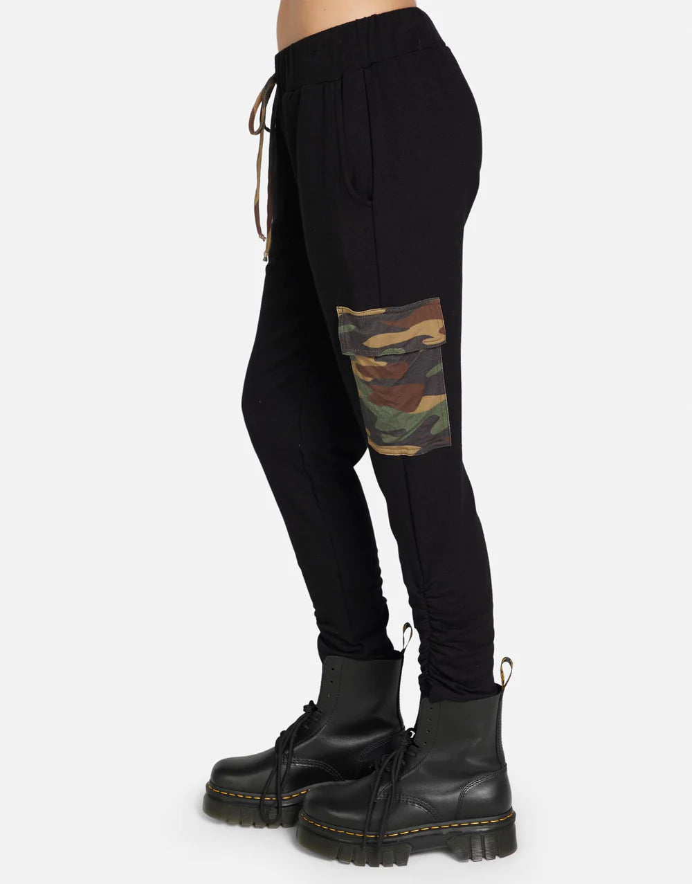 Archibald Camo Pant by Michael Lauren | Made in LA 98% Rayon 2% Spandex ML Signature Soft Knit Fabric Elasticized Waistband Ruched Hem Detail Cargo Flap Pockets Cropped Length | Coretrade located in Boca Raton
