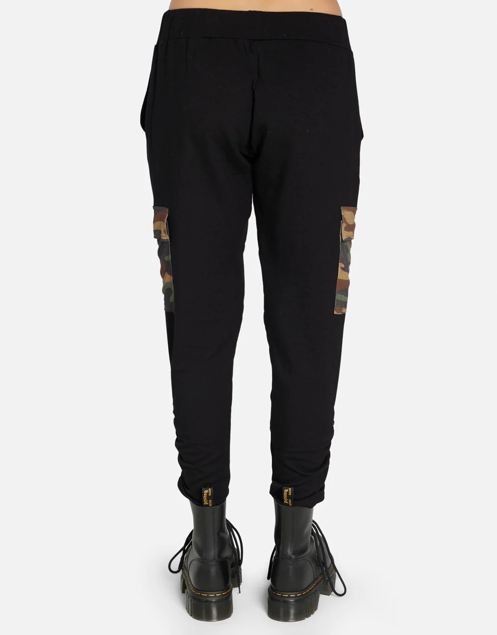 Archibald Camo Pant by Michael Lauren | Made in LA 98% Rayon 2% Spandex ML Signature Soft Knit Fabric Elasticized Waistband Ruched Hem Detail Cargo Flap Pockets Cropped Length | Coretrade in Boca Raton, FL