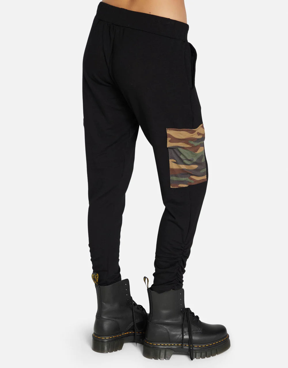 Archibald Camo Pant by Michael Lauren | Made in LA 98% Rayon 2% Spandex ML Signature Soft Knit Fabric Elasticized Waistband Ruched Hem Detail Cargo Flap Pockets Cropped Length | Coretrade located in  FL