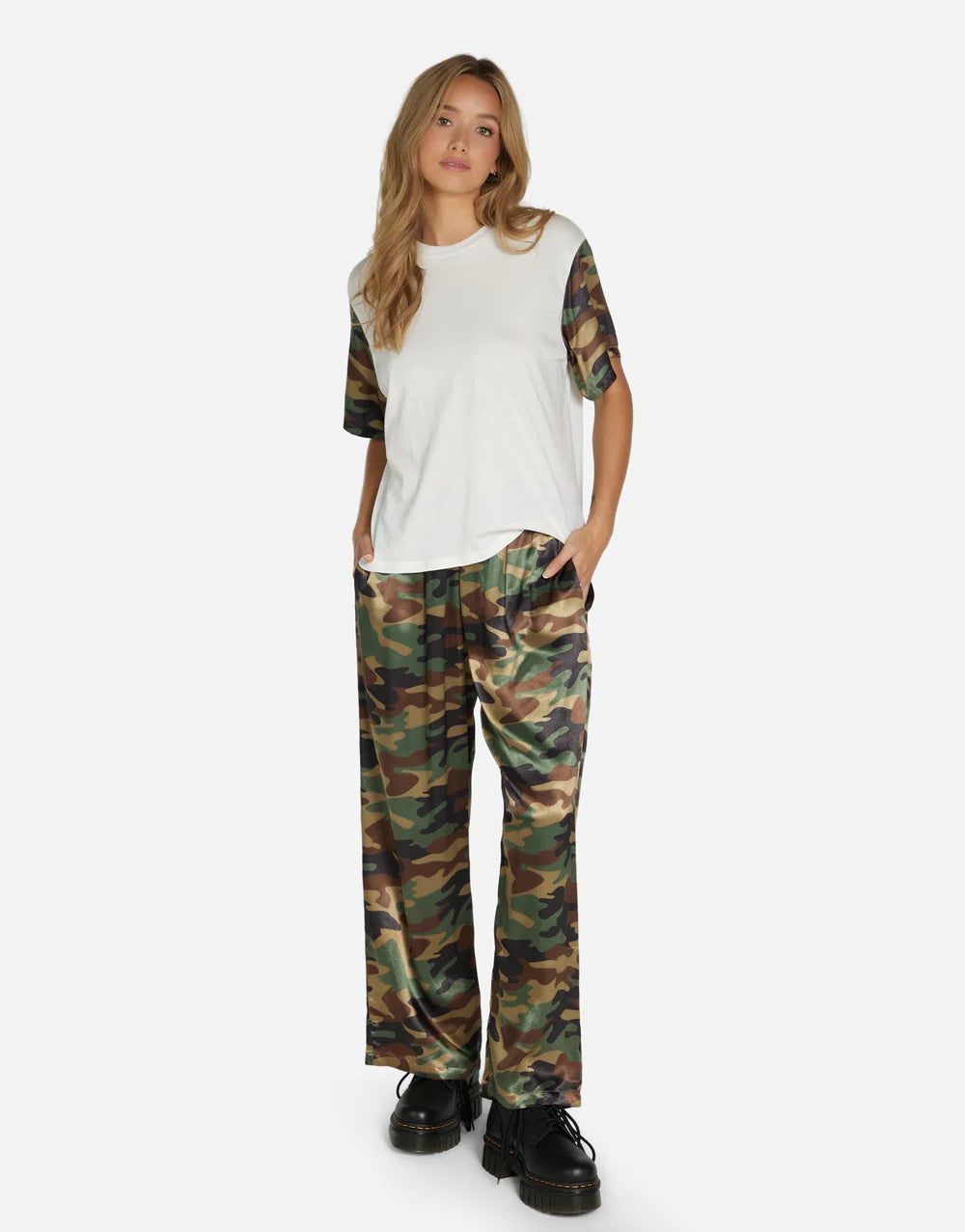 Mabel Camo Pant by Michael Lauren | Made in LA 100% Rayon Dry Clean Recommended ML Signature Soft Satin Fabric Elasticized Waistband Wide Leg Styling Side Pocket Detail | Coretrade located in Boca Raton